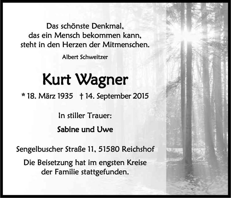  Traueranzeige für Kurt Wagner vom 26.09.2015 aus Kölner Stadt-Anzeiger / Kölnische Rundschau / Express