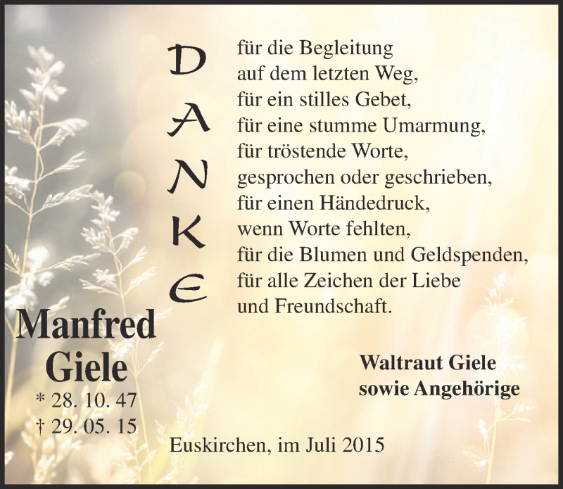 Traueranzeige für Manfred Giele vom 05.07.2015 aus  Blickpunkt Euskirchen 
