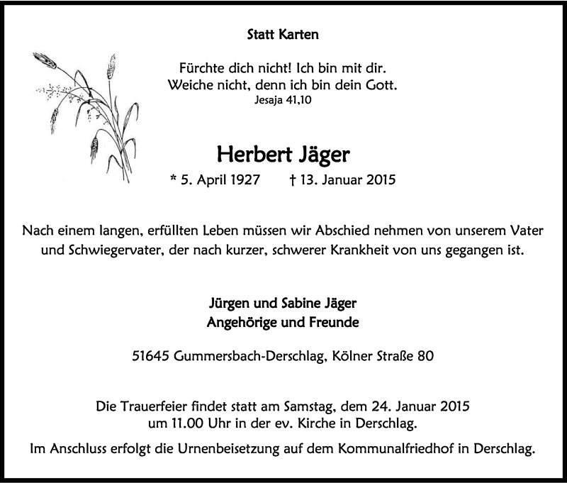  Traueranzeige für Herbert Jäger vom 17.01.2015 aus Kölner Stadt-Anzeiger / Kölnische Rundschau / Express