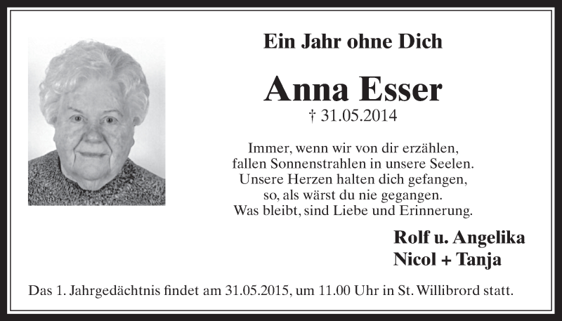  Traueranzeige für Anna Esser vom 30.05.2015 aus  Sonntags-Post 