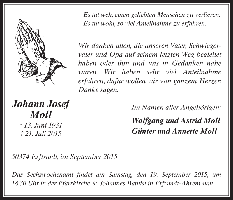  Traueranzeige für Johann Josef Moll vom 16.09.2015 aus  Werbepost 