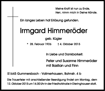 Anzeige von Irmgard Himmeröder von Kölner Stadt-Anzeiger / Kölnische Rundschau / Express