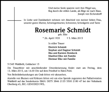 Anzeige von Rosemarie Schmidt von Kölner Stadt-Anzeiger / Kölnische Rundschau / Express