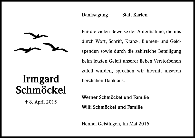  Traueranzeige für Irmgard Schmöckel vom 02.05.2015 aus Kölner Stadt-Anzeiger / Kölnische Rundschau / Express