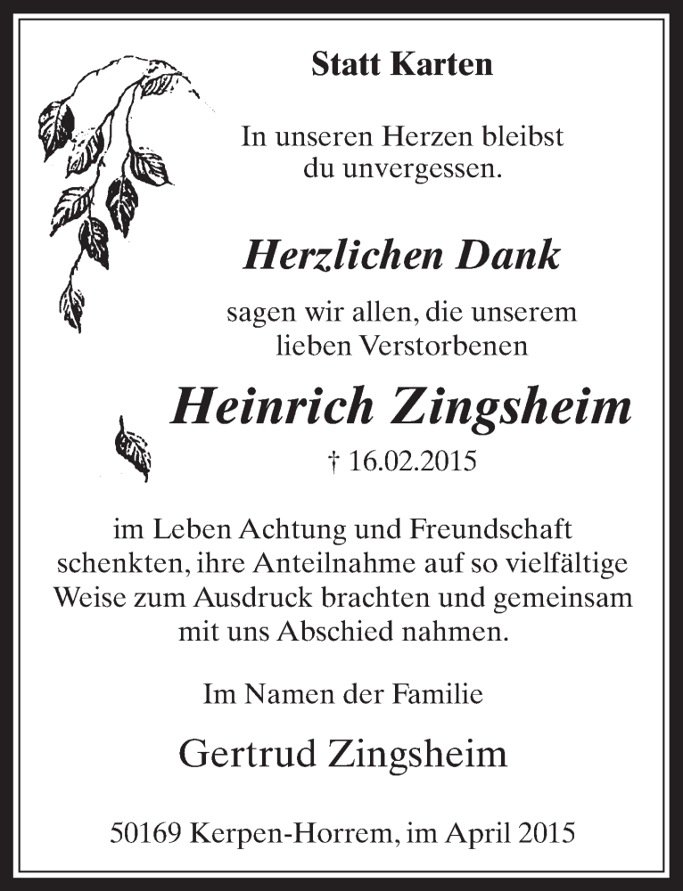  Traueranzeige für Heinrich Zingsheim vom 15.04.2015 aus  Werbepost 