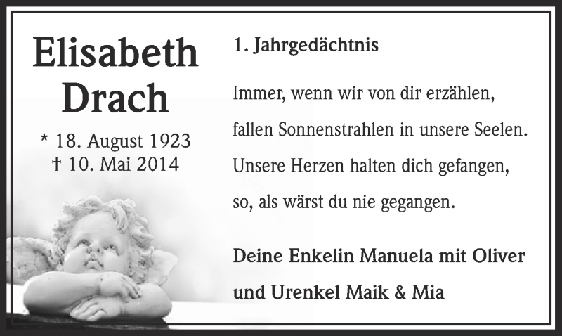  Traueranzeige für Elisabeth Drach vom 10.05.2015 aus  Blickpunkt Euskirchen 