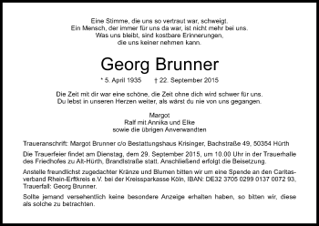 Anzeige von Georg Brunner von Kölner Stadt-Anzeiger / Kölnische Rundschau / Express