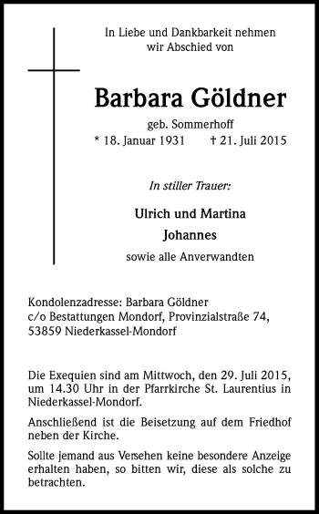 Anzeige von Barbara Göldner von Kölner Stadt-Anzeiger / Kölnische Rundschau / Express