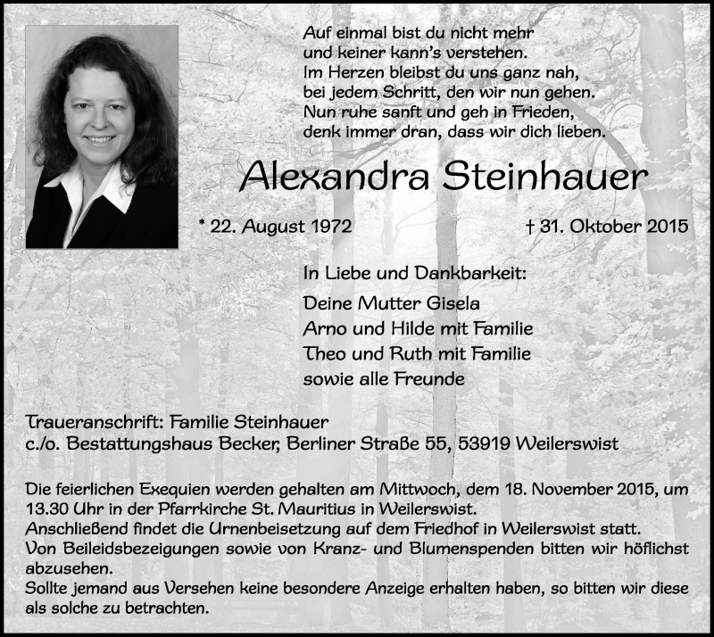  Traueranzeige für Alexandra Steinhauer vom 11.11.2015 aus  Schlossbote/Werbekurier 