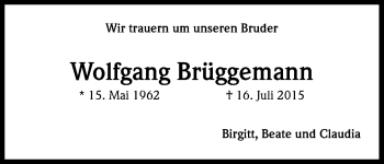 Anzeige von Wolfgang Brüggemann von Kölner Stadt-Anzeiger / Kölnische Rundschau / Express