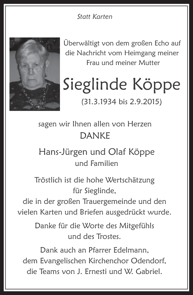  Traueranzeige für Sieglinde Köppe vom 19.09.2015 aus  Schaufenster/Blickpunkt am Wochenende 