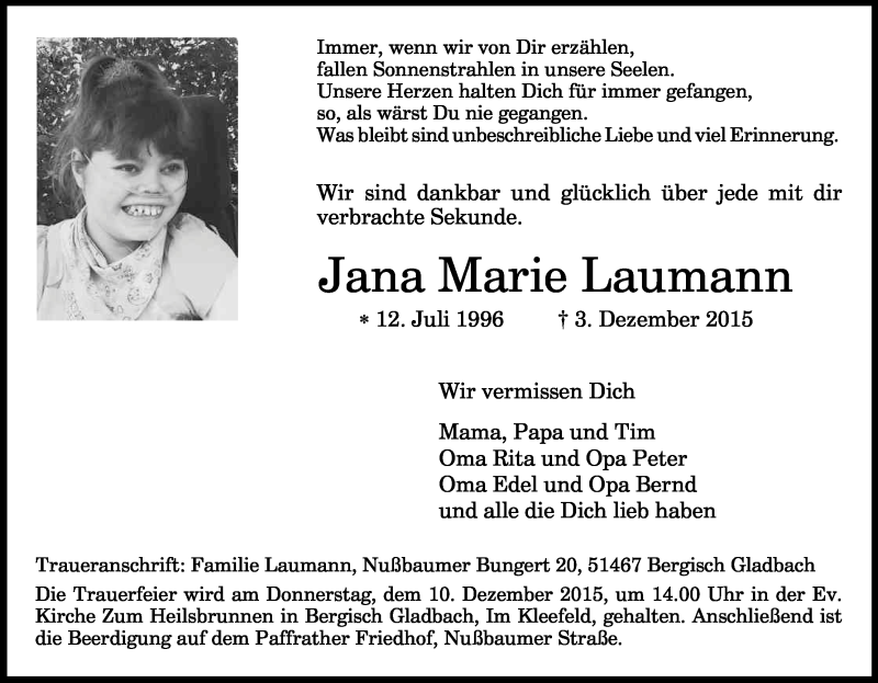  Traueranzeige für Jana Marie Laumann vom 09.12.2015 aus Kölner Stadt-Anzeiger / Kölnische Rundschau / Express