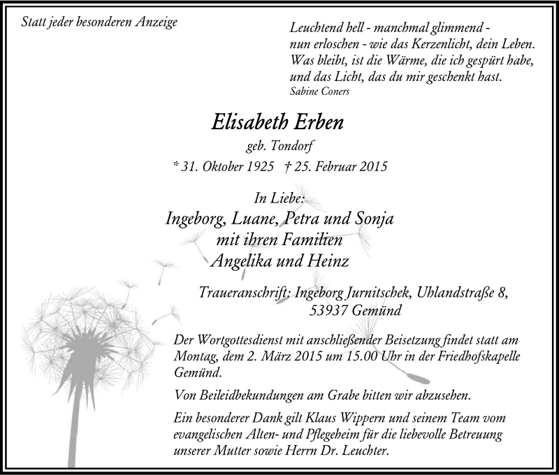  Traueranzeige für Elisabeth Erben vom 28.02.2015 aus Kölner Stadt-Anzeiger / Kölnische Rundschau / Express