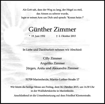 Anzeige von Günter Zimmer von Kölner Stadt-Anzeiger / Kölnische Rundschau / Express