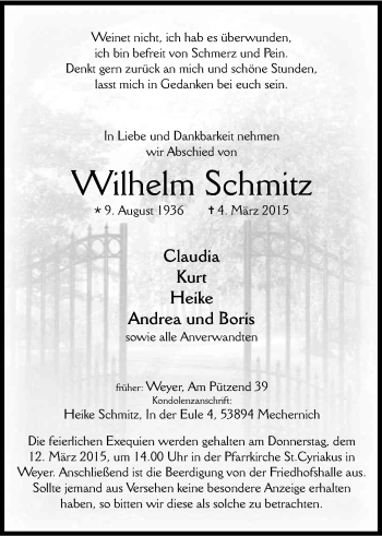 Anzeige von Wilhelm Schmitz von Kölner Stadt-Anzeiger / Kölnische Rundschau / Express