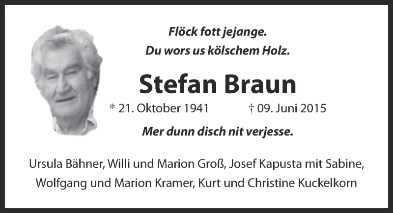  Traueranzeige für Stefan Braun vom 24.06.2015 aus  Kölner Wochenspiegel 