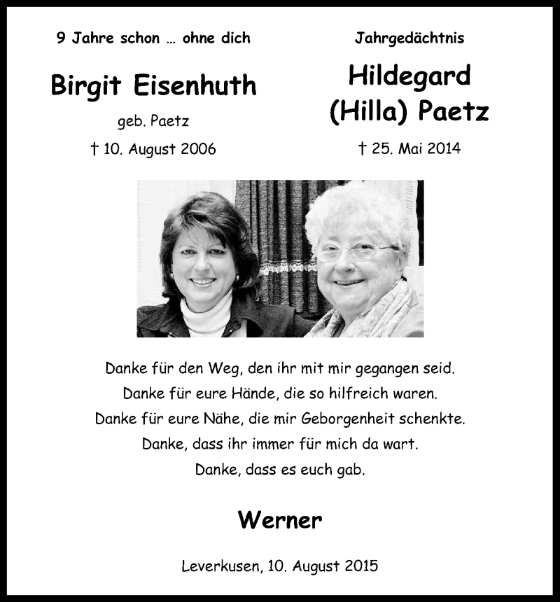  Traueranzeige für Hildegard Paetz vom 08.08.2015 aus Kölner Stadt-Anzeiger / Kölnische Rundschau / Express