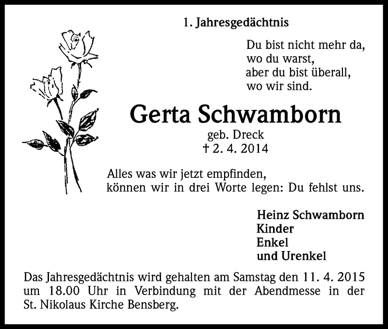  Traueranzeige für Gerta Schwamborn vom 02.04.2015 aus Kölner Stadt-Anzeiger / Kölnische Rundschau / Express