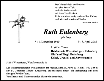 Anzeige von Ruth Eulenberg von Kölner Stadt-Anzeiger / Kölnische Rundschau / Express