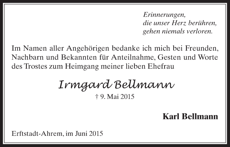  Traueranzeige für Irmgard Bellmann vom 17.06.2015 aus  Werbepost 