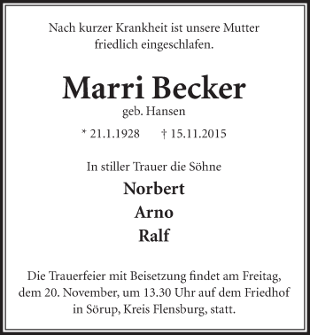 Anzeige von Marri Becker von  Schlossbote/Werbekurier 