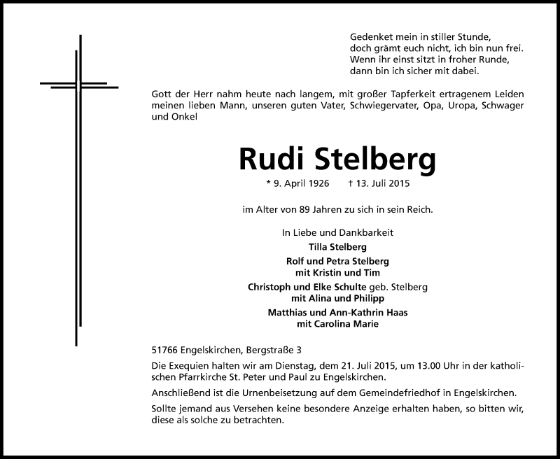 Traueranzeige für Rudi Stelberg vom 16.07.2015 aus Kölner Stadt-Anzeiger / Kölnische Rundschau / Express
