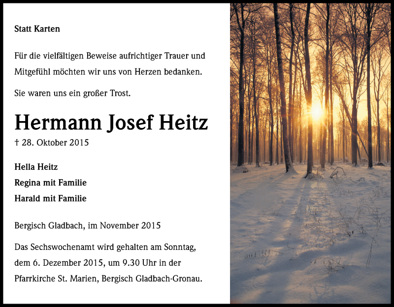  Traueranzeige für Hermann Josef Heitz vom 28.11.2015 aus Kölner Stadt-Anzeiger / Kölnische Rundschau / Express