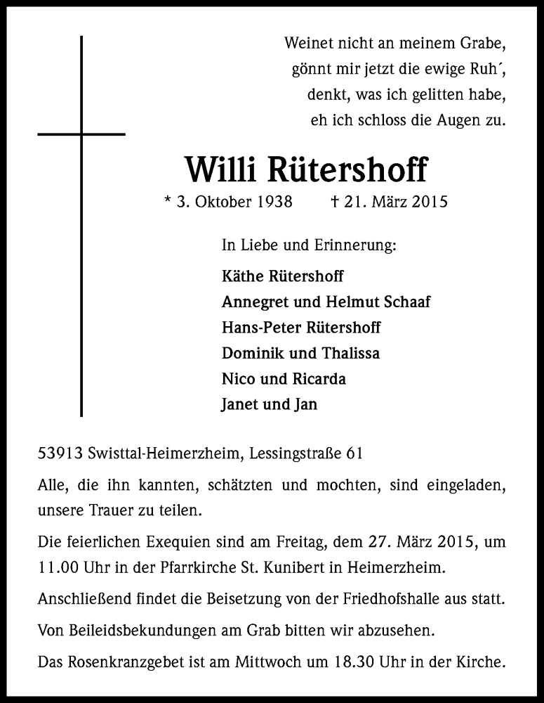  Traueranzeige für Willi Rütershoff vom 25.03.2015 aus Kölner Stadt-Anzeiger / Kölnische Rundschau / Express