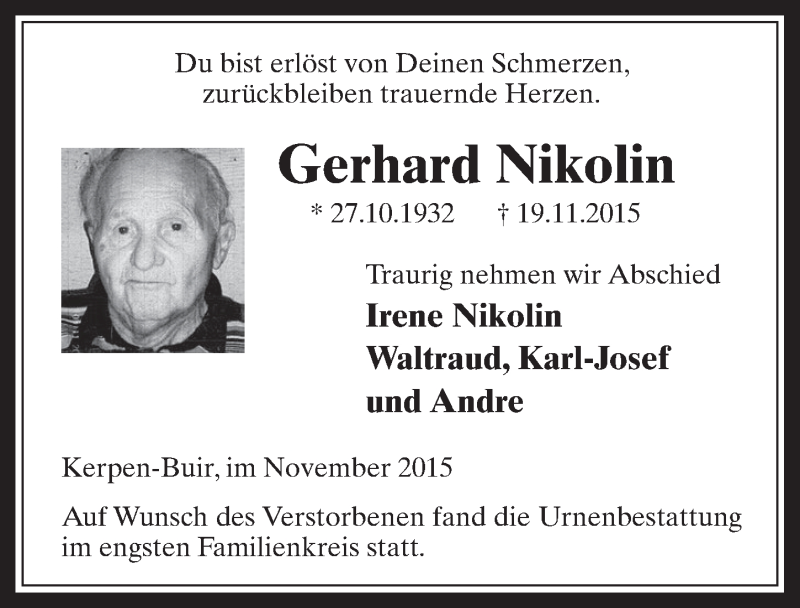  Traueranzeige für Gerhard Nikolin vom 02.12.2015 aus  Werbepost 