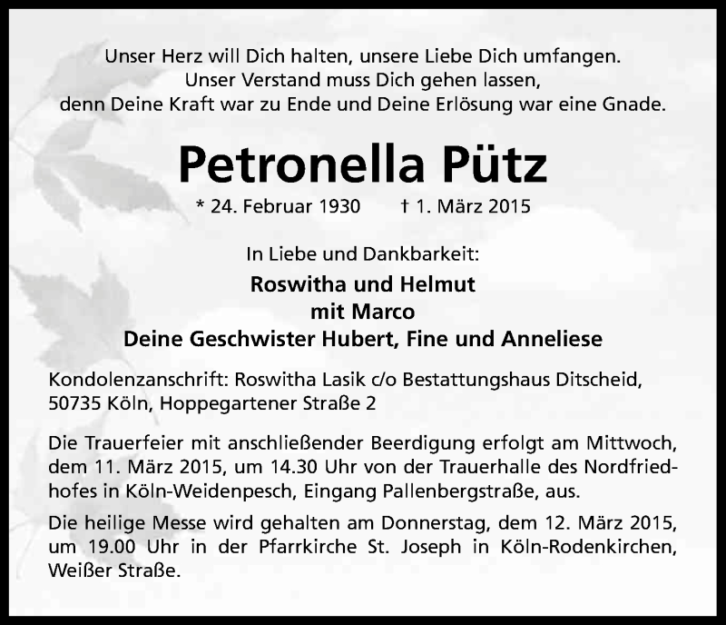  Traueranzeige für Petronella Pütz vom 07.03.2015 aus Kölner Stadt-Anzeiger / Kölnische Rundschau / Express
