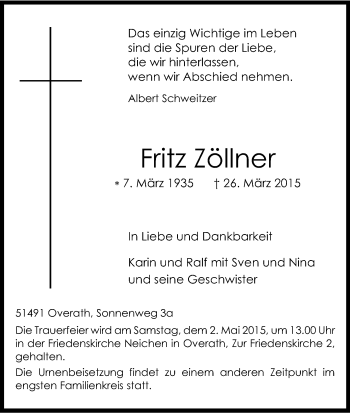 Anzeige von Fritz Zöllner von Kölner Stadt-Anzeiger / Kölnische Rundschau / Express