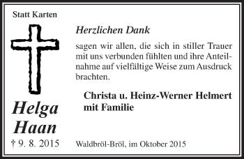 Anzeige von Helga Haan von  Lokalanzeiger 
