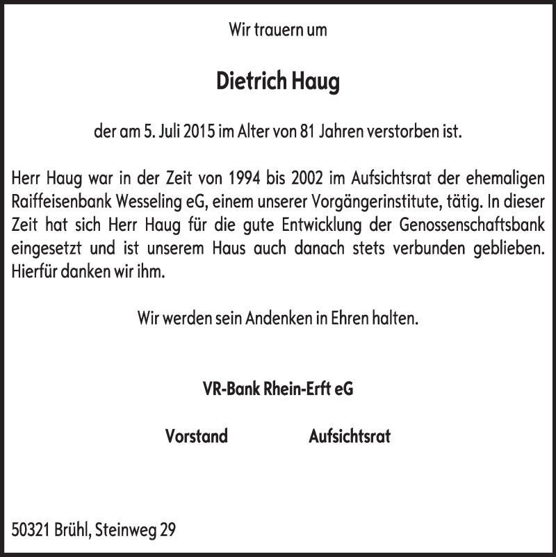  Traueranzeige für Dietrich Haug vom 22.07.2015 aus  Schaufenster/Blickpunkt  Schlossbote/Werbekurier 