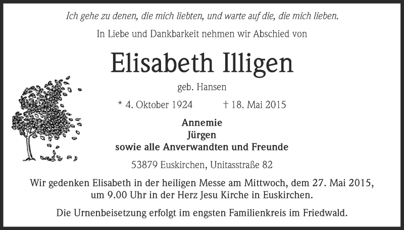  Traueranzeige für Elisabeth Illigen vom 24.05.2015 aus  Blickpunkt Euskirchen 