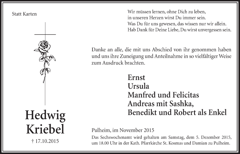  Traueranzeige für Hedwig Kriebel vom 07.11.2015 aus  Sonntags-Post 