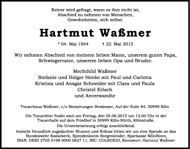  Traueranzeige für Hartmut Waßmer vom 30.05.2015 aus Kölner Stadt-Anzeiger / Kölnische Rundschau / Express