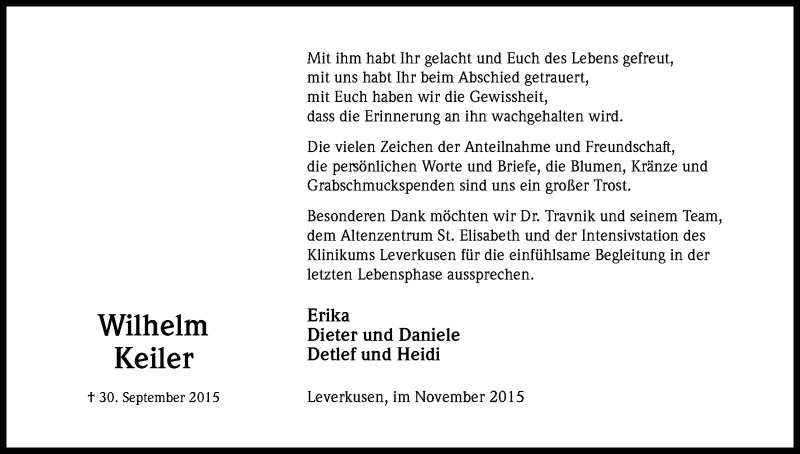  Traueranzeige für Wilhelm Keiler vom 07.11.2015 aus Kölner Stadt-Anzeiger / Kölnische Rundschau / Express