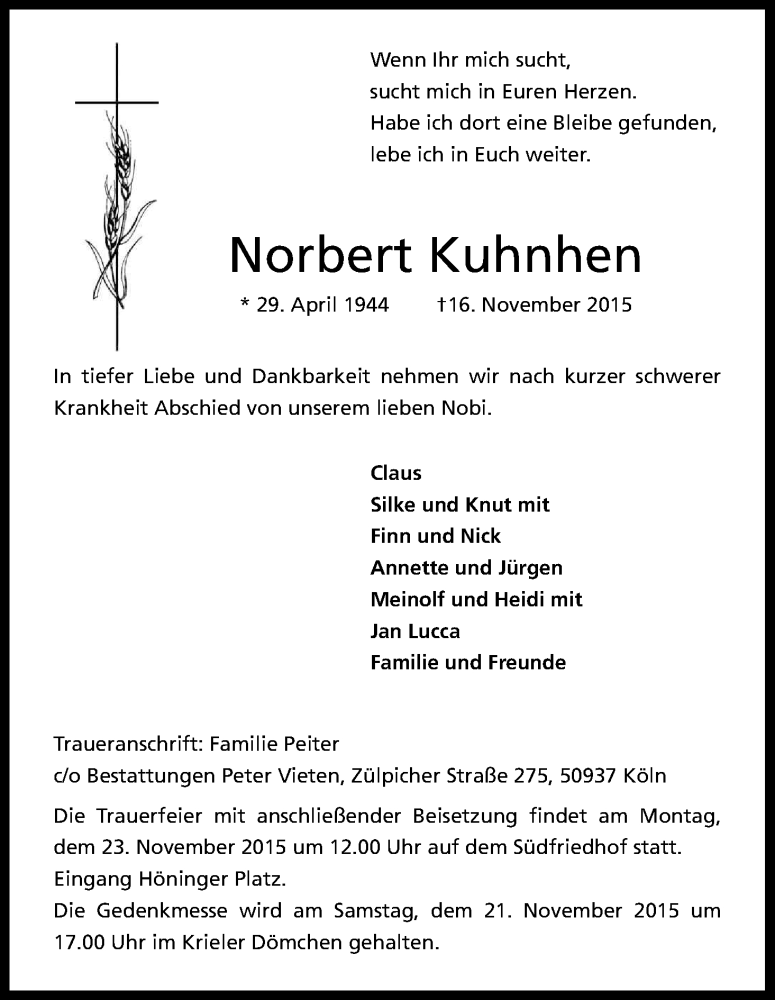 Traueranzeige für Norbert Kuhnhen vom 18.11.2015 aus Kölner Stadt-Anzeiger / Kölnische Rundschau / Express