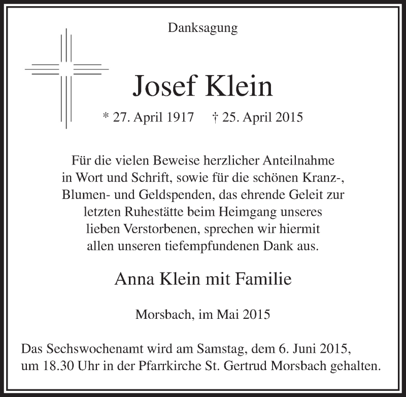  Traueranzeige für Josef Klein vom 27.05.2015 aus  Lokalanzeiger 