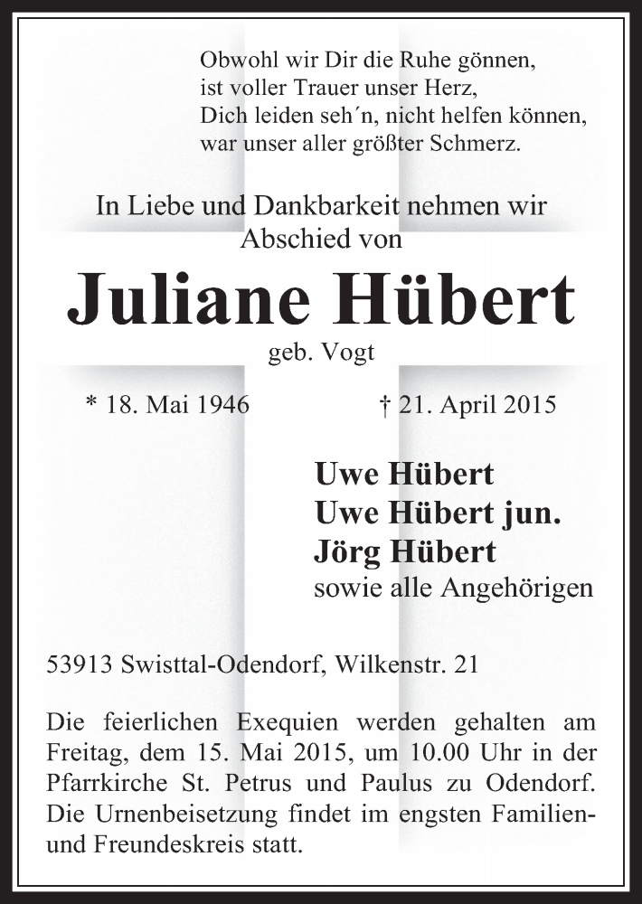  Traueranzeige für Juliane Hübert vom 13.05.2015 aus  Schaufenster/Blickpunkt 