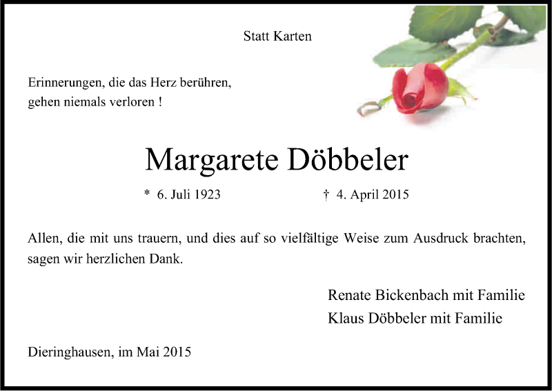  Traueranzeige für Margarete Döbbeler vom 16.05.2015 aus Kölner Stadt-Anzeiger / Kölnische Rundschau / Express
