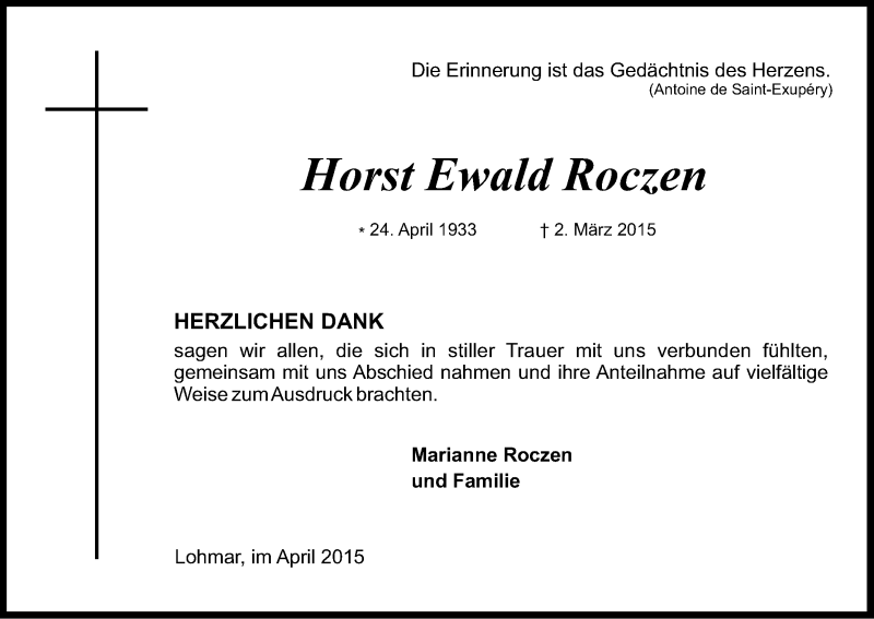  Traueranzeige für Horst Ewald Roczen vom 11.04.2015 aus Kölner Stadt-Anzeiger / Kölnische Rundschau / Express