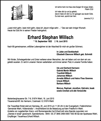 Anzeige von Erhard Stephan Willsch von Kölner Stadt-Anzeiger / Kölnische Rundschau / Express