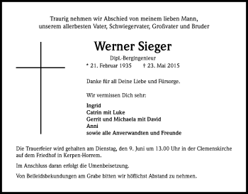 Anzeige von Werner Sieger von Kölner Stadt-Anzeiger / Kölnische Rundschau / Express