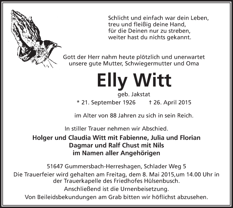  Traueranzeige für Elly Witt vom 06.05.2015 aus  Anzeigen Echo 
