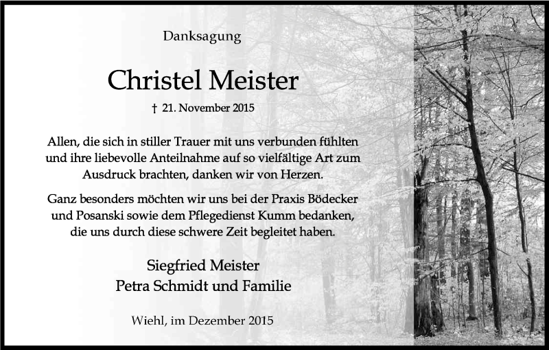  Traueranzeige für Christel Meister vom 12.12.2015 aus Kölner Stadt-Anzeiger / Kölnische Rundschau / Express