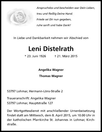 Anzeige von Leni Distelrath von Kölner Stadt-Anzeiger / Kölnische Rundschau / Express