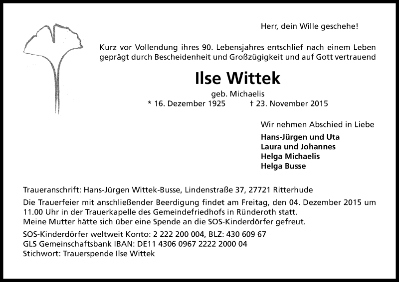  Traueranzeige für Ilse Wittek vom 28.11.2015 aus Kölner Stadt-Anzeiger / Kölnische Rundschau / Express