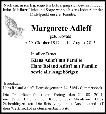 Anzeige von Margarete Adleff von Kölner Stadt-Anzeiger / Kölnische Rundschau / Express