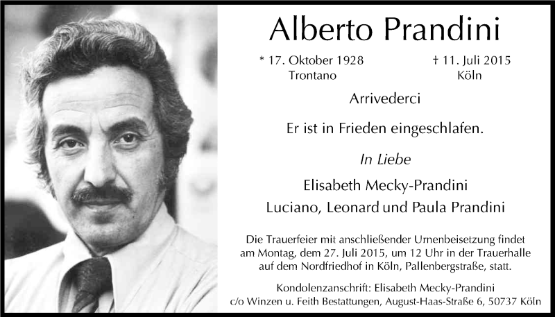  Traueranzeige für Alberto Prandini vom 18.07.2015 aus Kölner Stadt-Anzeiger / Kölnische Rundschau / Express